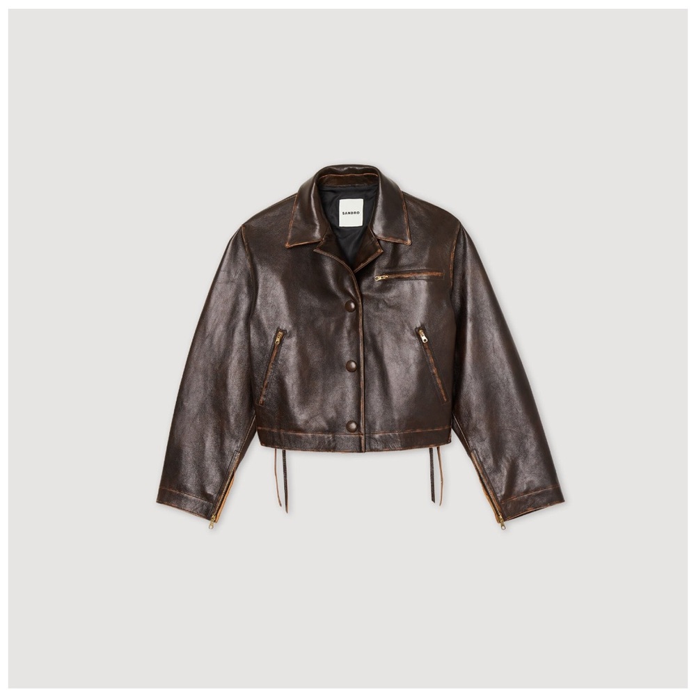 Sandro Jude Distressed Brown Leather Jacket Size 1 (last year, fits like US 4)